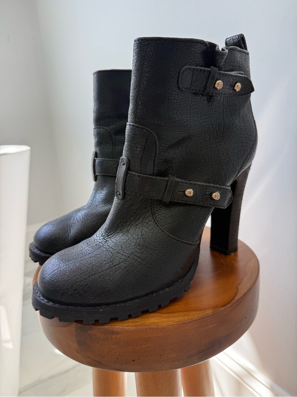 Tory Burch Black Leather Buckle Lug Sole Ankle Boots Gold Hardware